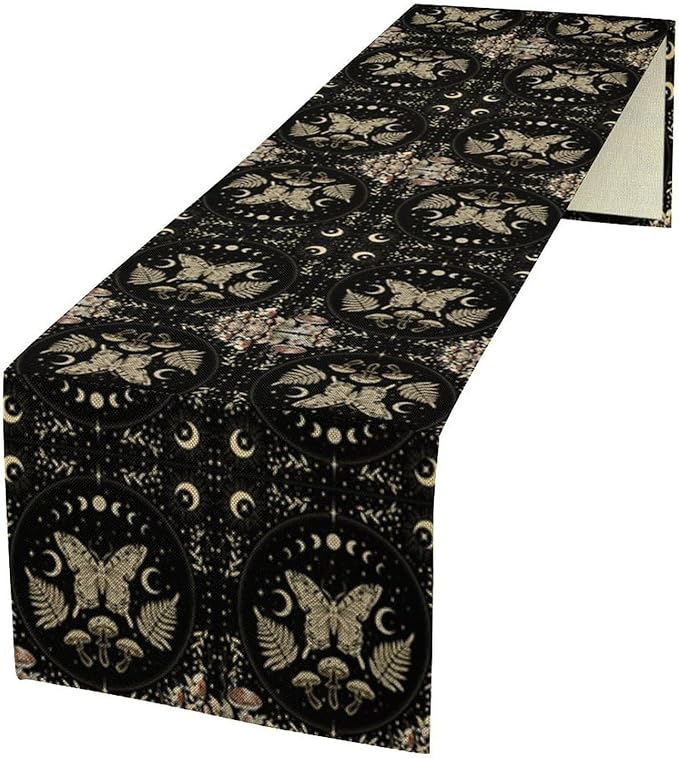Mushroom Moth Table Runner,Vintage Boho Moon Autumn Seasonal Table Runner for Kitchen Dining Table Holiday Party Home Decor 13x90in