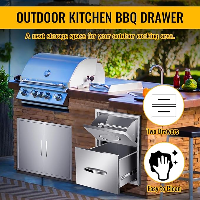 Outdoor Kitchen Drawers, Box Frame Style Flush Mount BBQ Drawer w/Stainless Steel Handle, BBQ Island Drawers For Patio Grill Station,Double Drawers