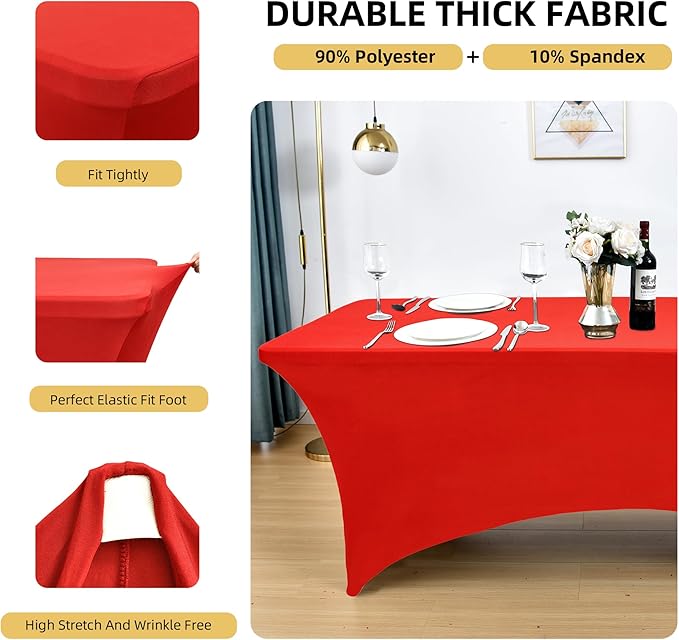 2-Pack 8ft Red Spandex Table Covers for Rectangle Folding Tables - Washable Elastic Tablecloth - Ultimate Fitted Table Protector for Birthday Parties, Trade Shows, Banquet