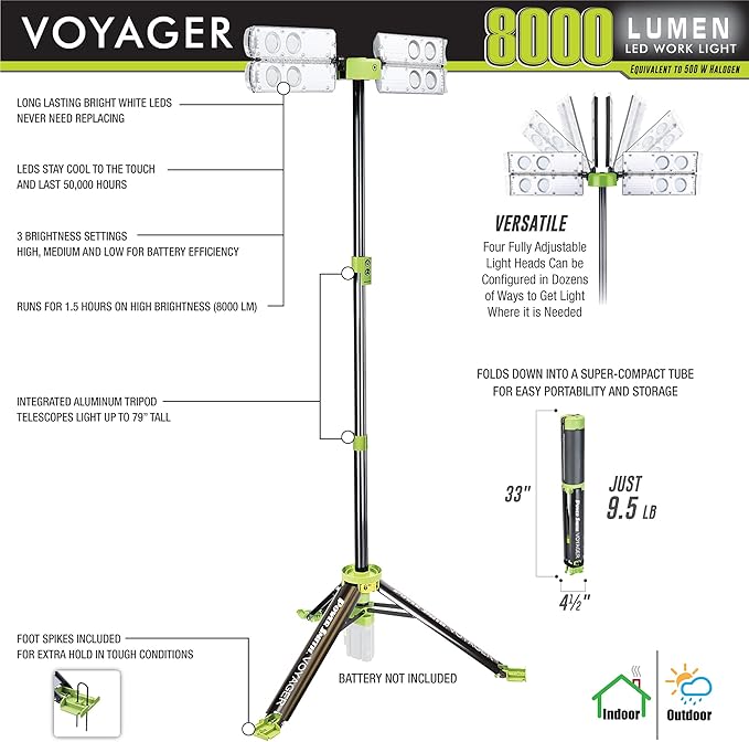 PowerSmith Voyager PVLR8000A-C 8000 Lumen Collapsible Cordless Tripod LED Work Light. BARE Light Only. 3-Way Power. AC or DC Adaptor or Battery Needed to Use Light