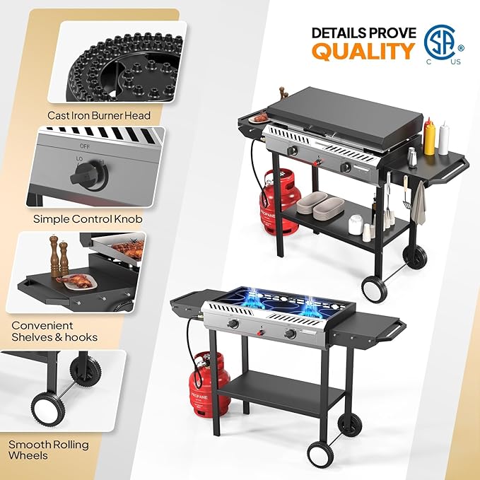 Bonnlo 2-in-1 Propane Stove and Griddle, Iginition Outdoor Gas Cooker with Storage Shelf and Portable Wheels, 2 Burner Camping Stove with 150000BTU Output for Backyard Cooking BBQ Frying and Boiling