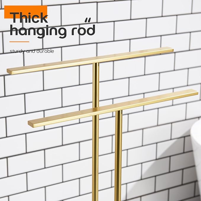 Standing Towel Rack for Bathroom 2-Tier Towel Holder Free Stand with Heavy Marble Base Gold Thicken Steady Design Stainless Steel AN7001GD
