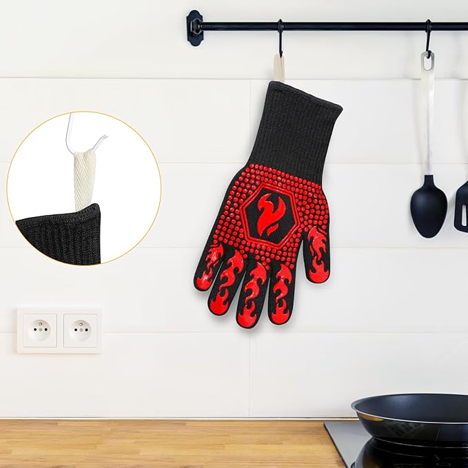 QUWIN BBQ Gloves, Oven Gloves 1472℉ Extreme Heat Resistant, Grilling Gloves Silicone Non-Slip Oven Mitts, Kitchen Gloves for BBQ, Grilling, Cooking, Baking-1 Pair… (One Size(Long Cuff), Red)