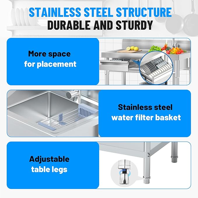 Utility Sink, Commercial Kitchen Stainless Steel Sink, 39.5'' Free Standing Single Bowl Sink with Drawer & Cold and Hot Water Pipe for Kitchen Laundry Room Farmhouse Indoor and Outdoor