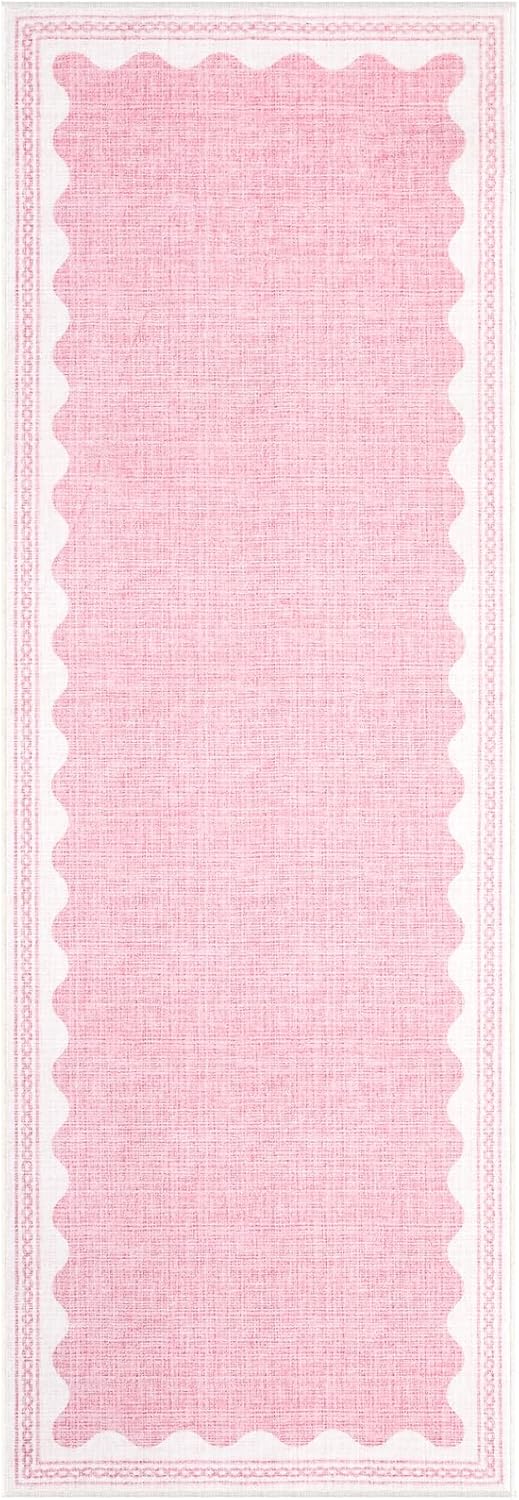 Scalloped Rug 2.5x10 Runners for Hallways, Solid Pink Non Slip Scalloped Bath Runner, Washable Rug for Bedroom Girls, Rugs for Kitchen Floor Soft Dorm Nursery Carpet for Bedside
