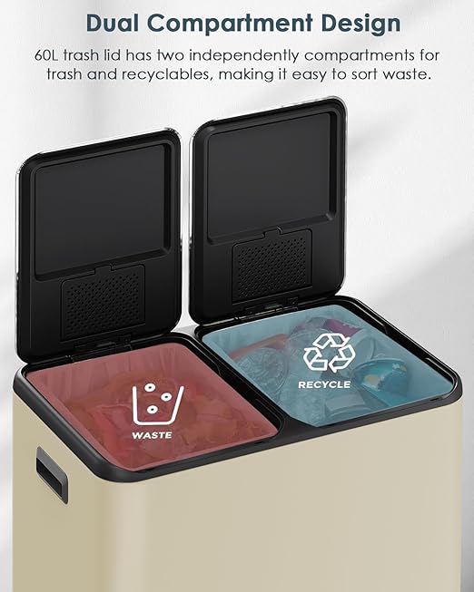 Arlopu 16Gal Dual Trash Can w/2 Built-in Box for Odor Control, Hands-Free Kitchen Garbage Bin, Recycle Waste Dustbin, Soft-Close Lid, 2 Buckets,Foot Pedal, Side Handle, Airtight,for Home (Brown)