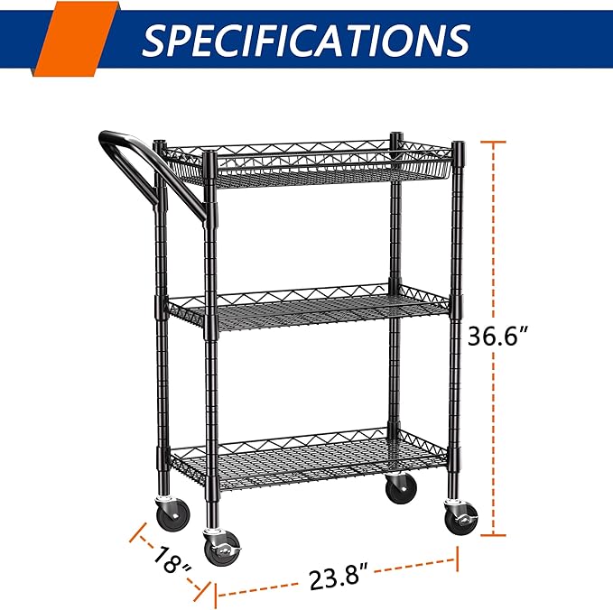 3 Tier Heavy Duty Rolling Utility Cart,18" D x 23.8" W x 36.6" H Rolling Carts with Wheels,Commercial Grade Metal with Handle Bar & Shelf Liner,Trolley Serving Storage Cart for Kitchen Black