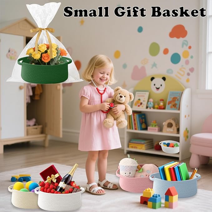 Gift Basket with Gift Bag and Ribbons,Small Rope Woven Shelf Storage,Baskets for Gifts Empty,Birthday,Baby Shower,Decorative Organizer Box with Handles(Green)