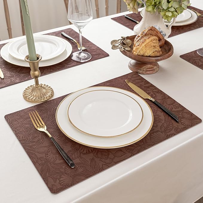 Romanstile Vinyl Placemats Set of 6-12 X 18 Inch - Heat Resistant Non-Slip Embossed Floral Place Mats 100% Waterproof Oilproof Wipeable Faux Leather Table Mats for Kitchen/Dining/Party, Brown