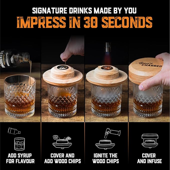 Whiskey Smoker Kit with Torch and Butane and Old Fashioned Syrup - 8 Flavors Wood Chips, 100% USA Oak, High-End Set - Old Fashioned Bourbon Cocktail Smoker Kit Gift for Men Dad