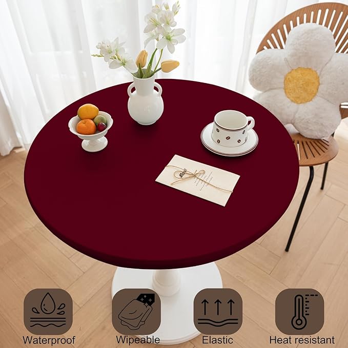 Round Fitted PU Tablecloth with High Elastic Edge 43 Inch Dia Waterproof Oil Proof Table Cloth Anti-Scald Stain-Resistant Wipeable Table Cover for Indoor Outdoor Picnic (Red,43" Dia)