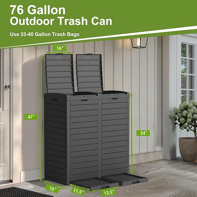 Outdoor Trash Can with lid, Waterproof, UV-Resistant Resin Garbage Can, Lockable Lid and Drip Tray, Animal-Proof, for Patio, Kitchen, Backyard and Deck (Black, 76 Gallon)