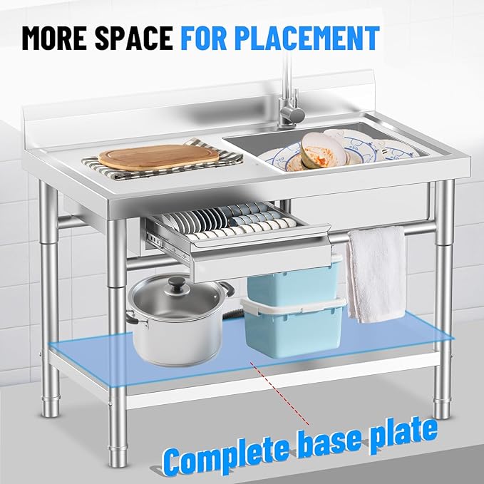 Utility Sink, Commercial Kitchen Stainless Steel Sink, 39.5'' Free Standing Single Bowl Sink with Drawer & Cold and Hot Water Pipe for Kitchen Laundry Room Farmhouse Indoor and Outdoor