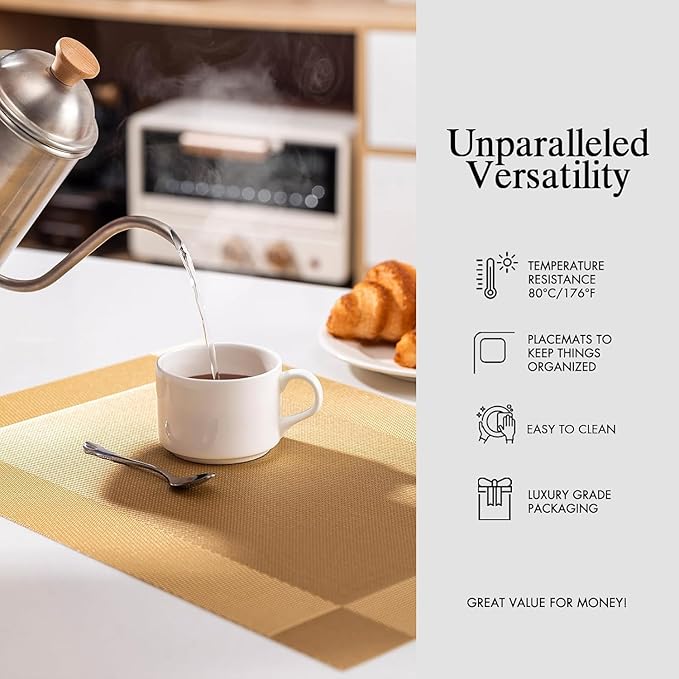 Placemats Set of 8 - Easy Clean Woven Vinyl Placemats for Dining Table, Indoor/Outdoor Place Mats, Washable PVC Table Mats（Gold Cube）