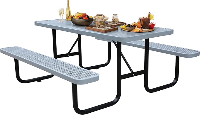 6FT Rectangular Metal Picnic Table for Outdoors, Commercial Steel Metal Picnic Tables, Heavy Duty Sturdy Picnic Tables Furniture Set for Patio Garden Courtyard BBQ, with Umbrella Hole, Grey