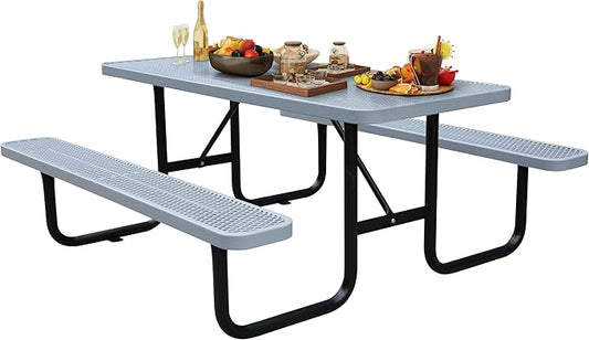 6FT Rectangular Metal Picnic Table for Outdoors, Commercial Steel Metal Picnic Tables, Heavy Duty Sturdy Picnic Tables Furniture Set for Patio Garden Courtyard BBQ, with Umbrella Hole, Grey