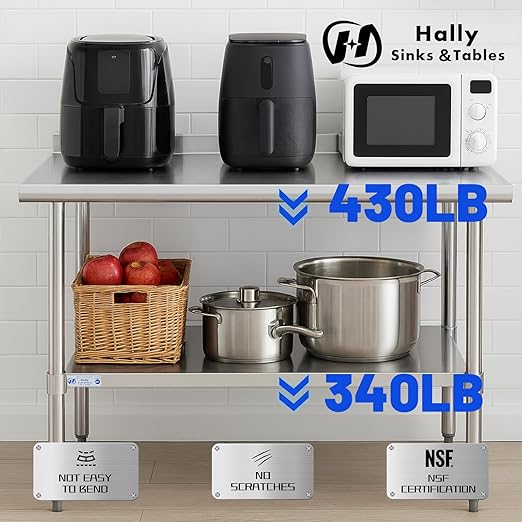 Hally Stainless Steel Table for Prep & Work 18 x 72 Inches, NSF Commercial Heavy Duty Table with Undershelf and Backsplash for Restaurant, Home and Hotel
