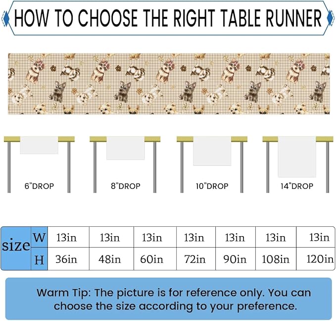 Cute Puppy Table Runner Kitchen Dining Table Runner 13*90in Table Center Decor for Indoor Outdoor Home Holiday Party