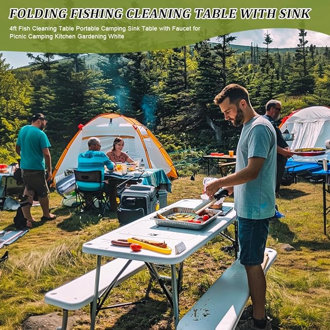 Folding Fishing Cleaning Table, 4ft Portable Foldable Camping Outdoor Tables, Fish Cleaning Sink Table with Faucet for Picnic Camping Kitchen Gardening, Style A