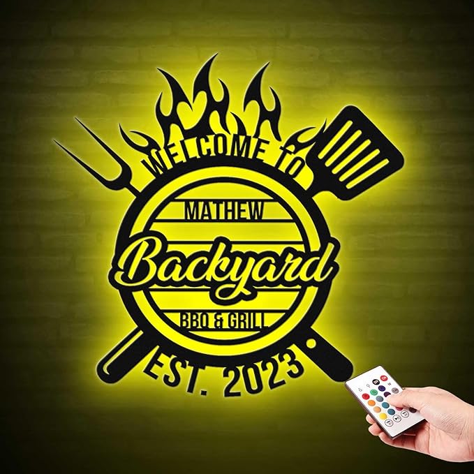 Personalized Backyard BBQ Sign - Custom Welcome Grill Wall Art LED Sign, Barbecue Led Light Up 16-Color LED with Remote Control, Neon Grill Decor for Dad, Man Cave, Patio