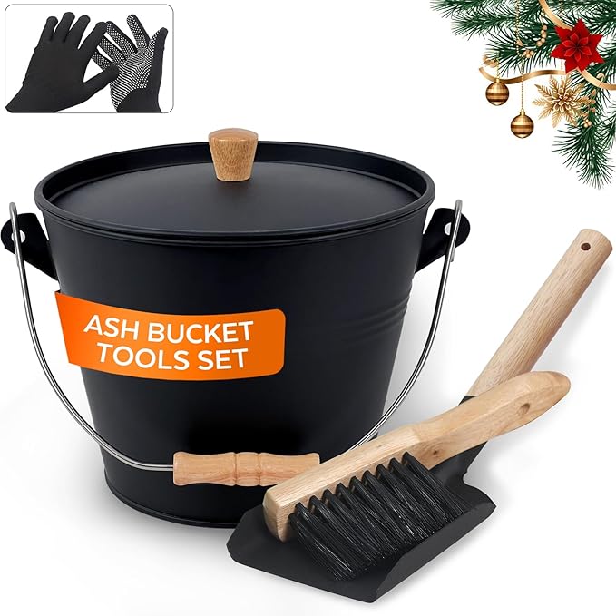 Small Ash Bucket with Lid and Shovel, Metal Fireplace Ash Bucket with Broom, Complete Fireplace Tools Set for Wood Stove and Fireplace, Black