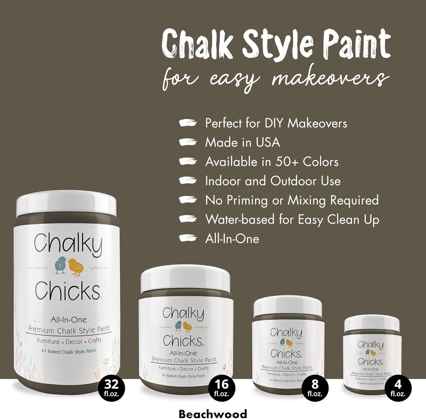 Chalky Chicks All-in-One Chalk Paint for Furniture or Cabinet - 32 Fl Oz - Matte Finish Beachwood (Brown/Gray) for Metal, Wood Furniture Paint - No Sanding All-in-One for Home Decor & Crafts, USA Made