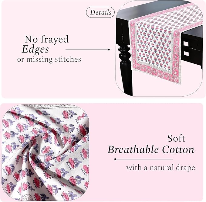 CPC Cotton Table Runner 16x90 Inch Block Printed Long Fall Table Runner for Dining Table, Card Table, Coffee Table, Wedding, Farmhouse & Outdoor Barbeque-Pink Sapphire