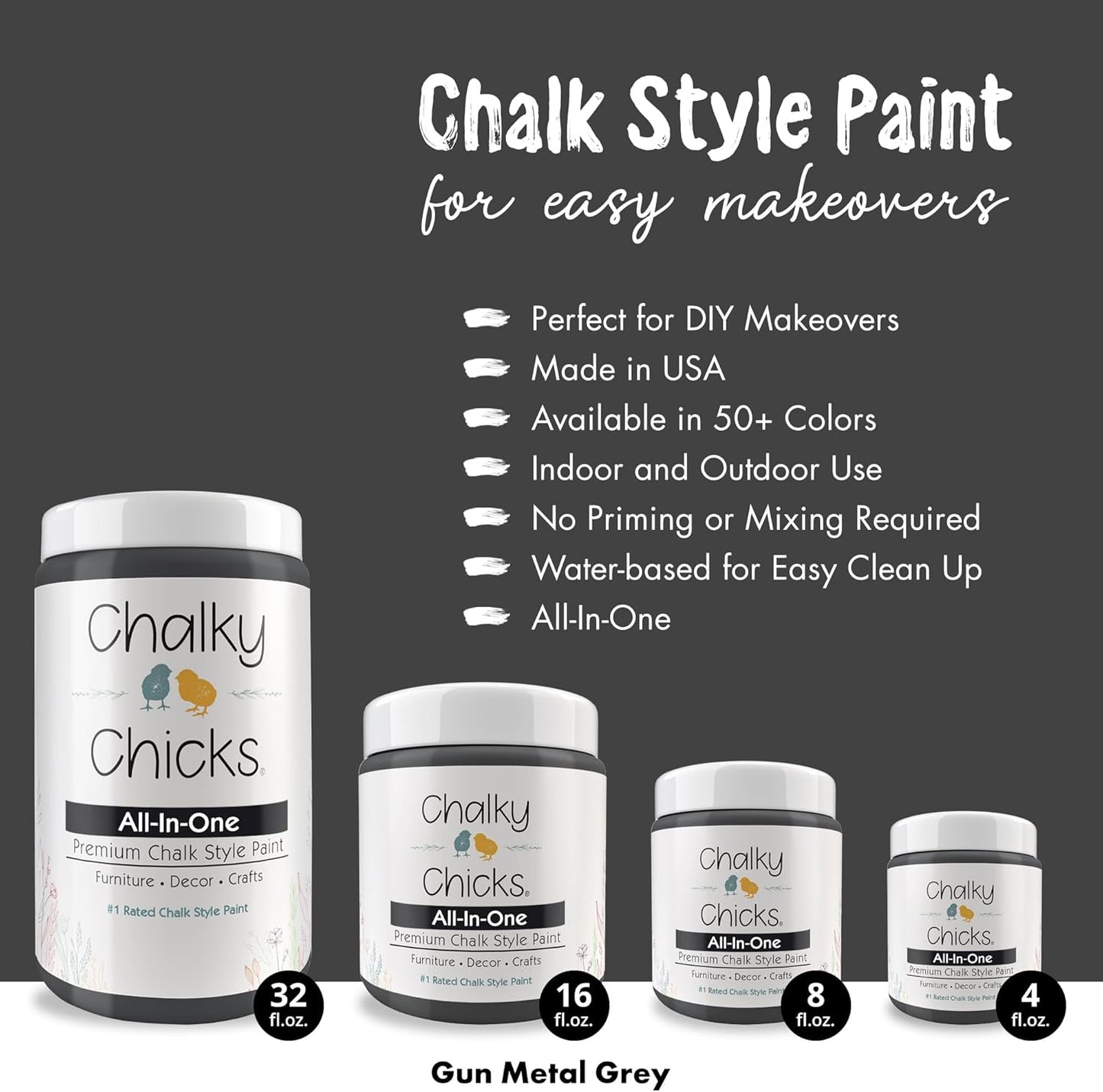 Chalky Chicks All-in-One Chalk Paint for Furniture or Cabinet -8Fl Oz -Matte Finish Gun Metal Gray (Dark Gray) for Metal, Wood Furniture Paint - No Sanding All-in-One for Home Decor & Crafts, USA Made