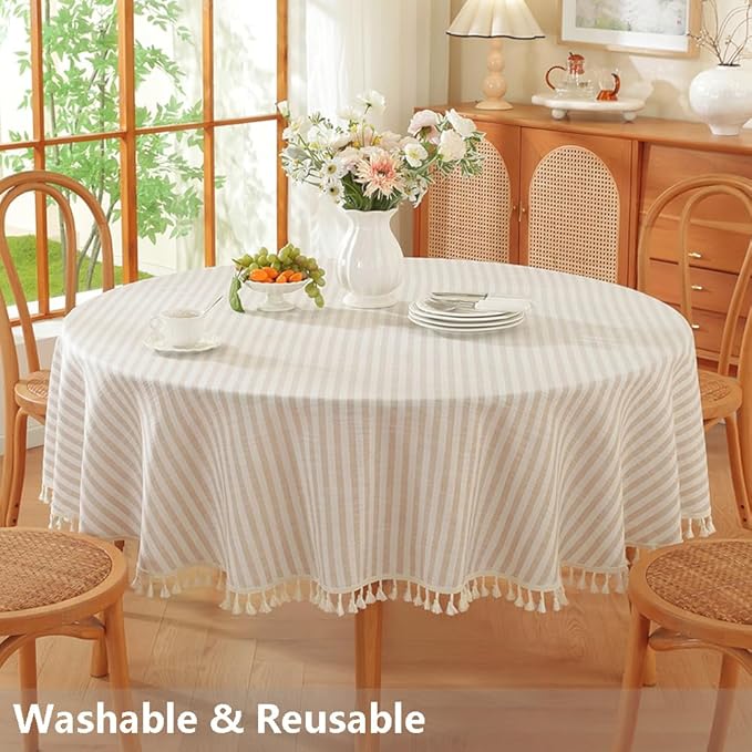 TruDelve Round Tablecloth 70 Inch Beige Striped Cloth Tablecloths Fall Tablecloths Outdoor Table Cloth Round Cover (Beige,70",Round)