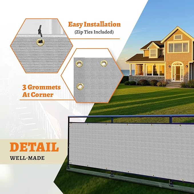 2.5' x 44' Balcony Privacy Screen Fence Cover with Zip Ties Grommets for Apartment Patio Porch Deck Backyard Outdoor (Gray)