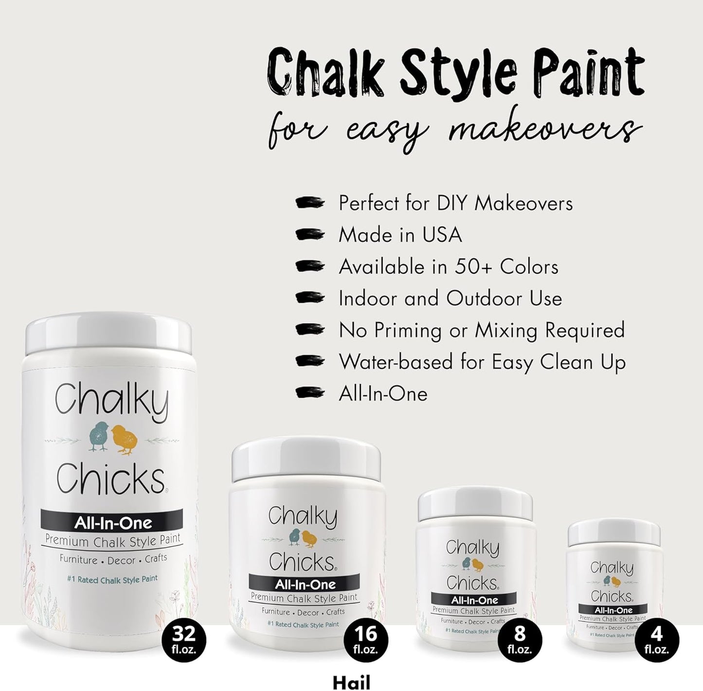 Chalky Chicks 8 Fl Oz Matte Hail (White) Chalk Paint for Furniture Without Sanding, No Prep Furniture Paint No Sanding All in One for Crafts, Wood, Walls, Cabinet, Metal, Dresser, Farmhouse