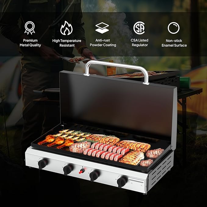 Bonnlo 4 Burner Portable Propane Griddle with Lid, 40000BTU Tabletop Flat Gas Grill with Ignition and Oil Collector, Camping Griddle for Outdoor Cooking Patio Backyard Sandbeach BBQ Party