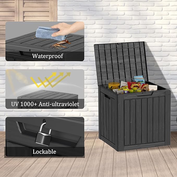 35 Gallon Resin Deck Box, Waterproof Outdoor Storage Box for Patio, Poolside, and Garden, Lockable UV-Resistant Storage Bin Bench Cabinet for Small Spaces, Black