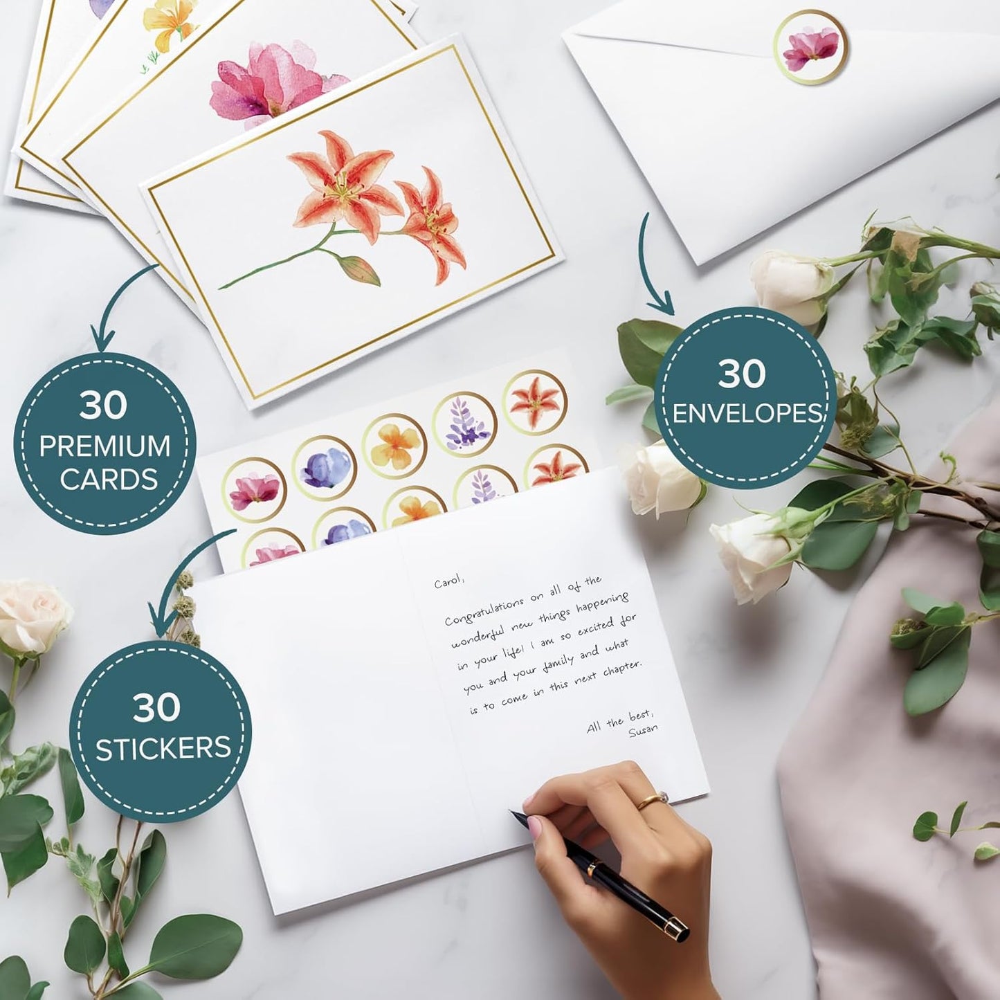 Blank Cards, 30 Pack Blank Greet Cards, Elegant Gold Foil Blank Note with Envelopes, Perfect Stationary Set For All Occasions, 5 Assorted Floral Designs