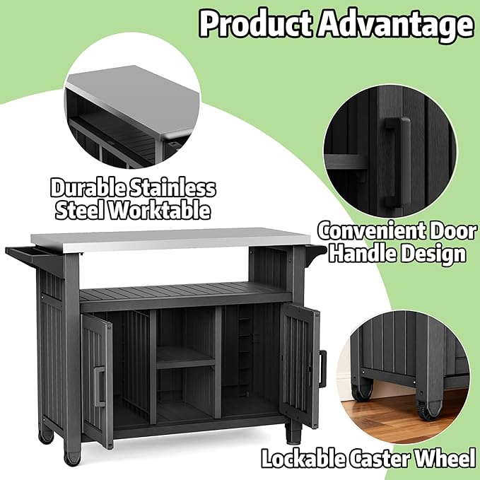 Kitchen Island Cart, 54" Outdoor Indoor Rolling Patio Serving Table with Stainless Steel Top, All-Weather Resin Cabinet with Storage & Wheels for BBQ Party, Black