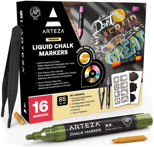 ARTEZA Pastel Liquid Chalk Markers, Set of 16, Tweezers, Labels, Stencils, Erasable, Water Based Pens for Chalkboards, Glass, Windows, and More