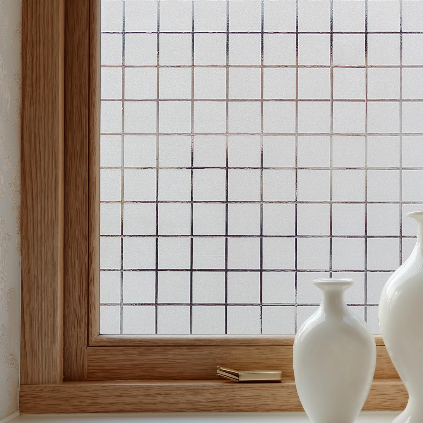 Window Privacy Film Decorative for Front Door, Bathroom Static Cling Stained Glass Sticker Opaque Heat Control UV Blocking Non-Adhesive for Home Windows,White Square