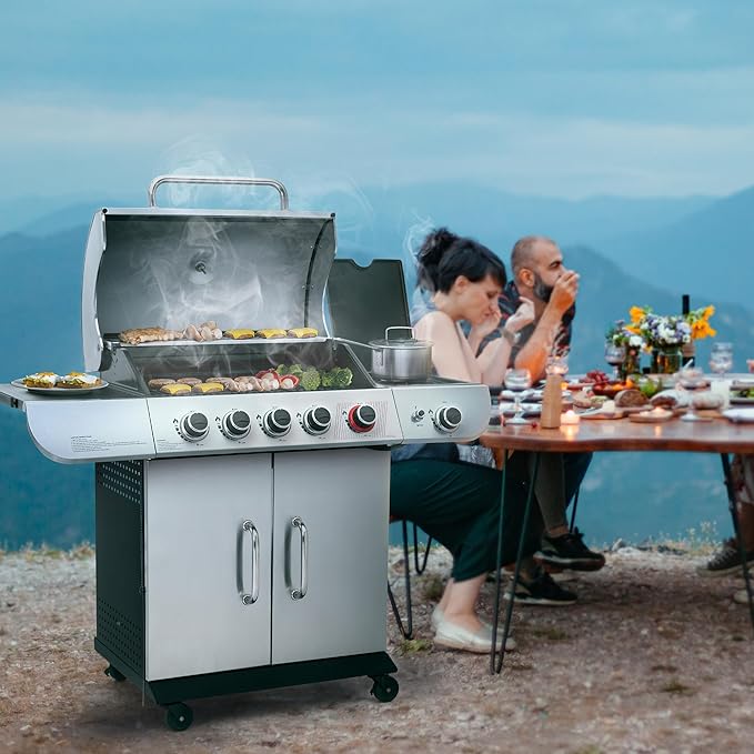 Royal Gourmet SG5002 5 Burner Propane Gas Grill with Side Burner & Sear Burner, Stainless Steel Gas Grill with 61,000 BTUs Output for Outdoor Patio Garden Backyard Cooking, Silver