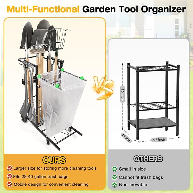 CAROD Mobile Trash Bag Holder and Tools Organizer Cart 2-in-1, Metal Cleaning Carts on 360° Wheels, Convenient Leaf Bag Holder Cleaning Cart for Leaves, Snow, Indoor-to-Outdoor Maintenance