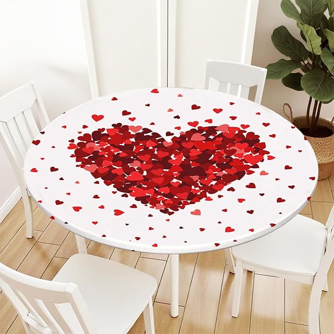 Valentines Day Round Fitted Tablecloth with Elastic Red Love Heart Circle Table Cloth for 36-40" Tables Wipeable Waterproof Washable Valentine Decorative Table Cover for Picnic Dining Party Decor