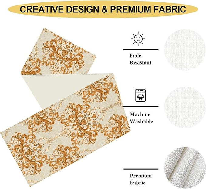 Damask Table Runner, Rustic Gold Gothic Boho Floral Flower Baroque Style Antique Vintage Retro Coffee Table Center Decor for Kitchen and Dining Outdoor Home Country Party Table Decorations, 13"x108"