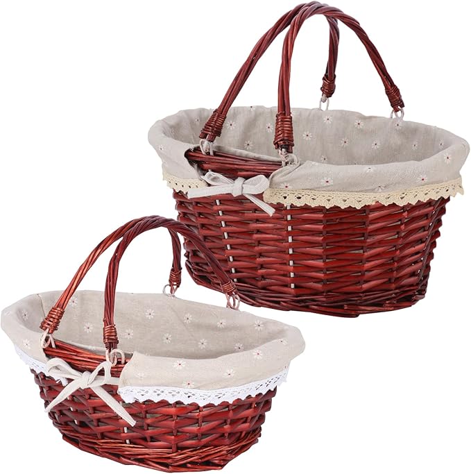 2 Pack Brown Wicker Basket with Linen Lining, 14 & 12 Inch Wicker Woven Picnic Basket with Handle for Picnic, Camping, Outdoor Party