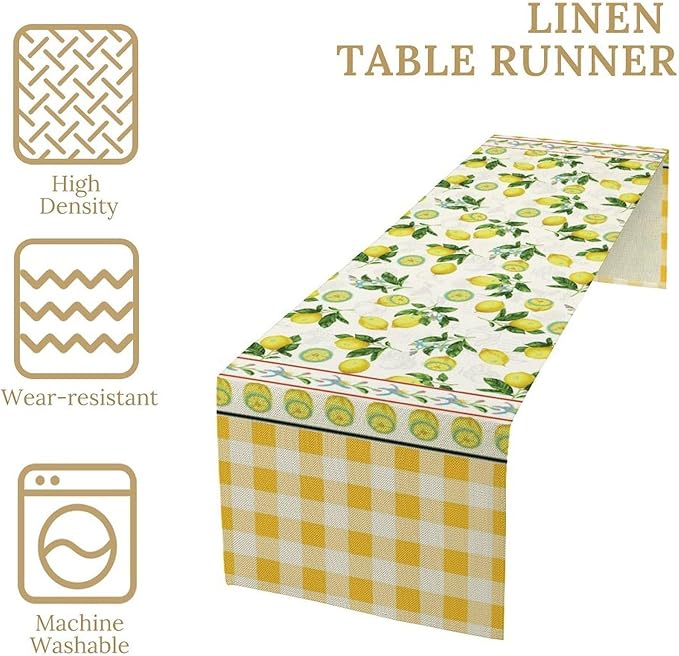 Lemon Buffalo Plaid Table Runner,Rustic Farm Fruit Aesthetic Country Farmhouse Dining Table Decoration for Home Holiday Party Dresser Kitchen Cabin Restaurant Wedding Decor 13×60in