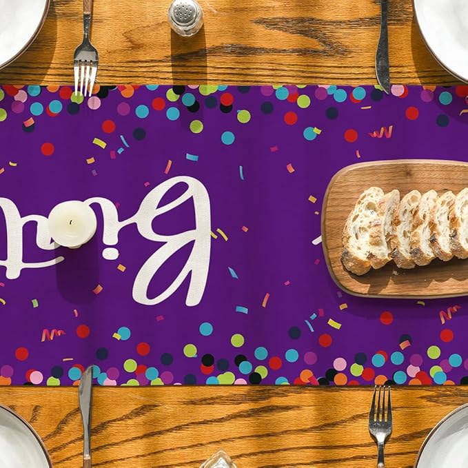 Artoid Mode Polka Dot Purple Happy Birthday Table Runner, Seasonal Kitchen Dining Table Decoration for Home Party Decor 13x72 Inch