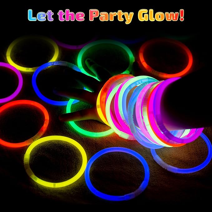100 Pcs Glow Sticks Bulk, 8" Glow in the Dark Party Supplies - Neon Glow Stick Bracelets & Necklaces for Festivals, Concerts, Raves, Night Clubs, Halloween, Christmas, Birthdays