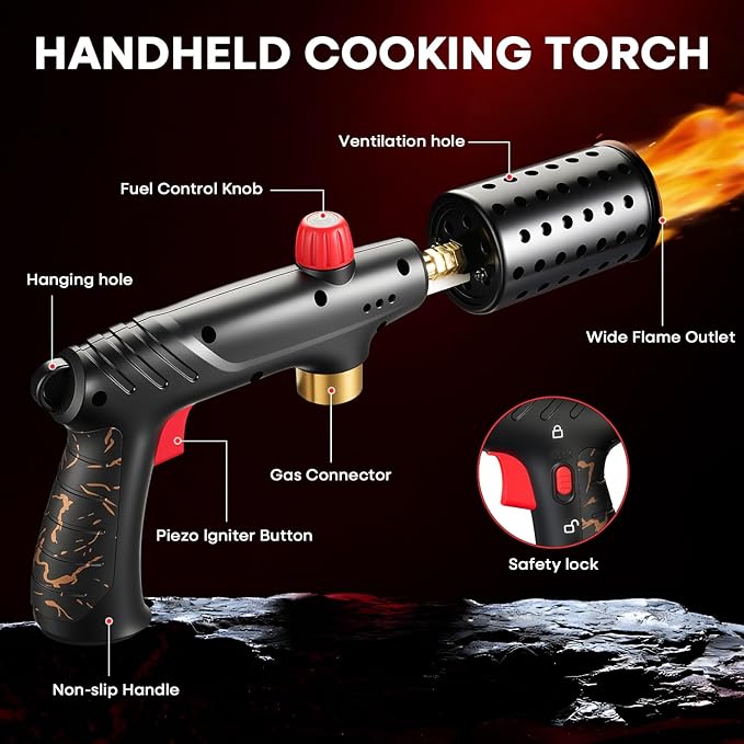 Propane Torch, Cooking Blow Torch Gun with a Safety Lock, Charcoal Lighter, Flame Thrower, Kitchen Food Torch Head for Grill, Sous Vide, BBQ (Tank Not Included) (Golden)
