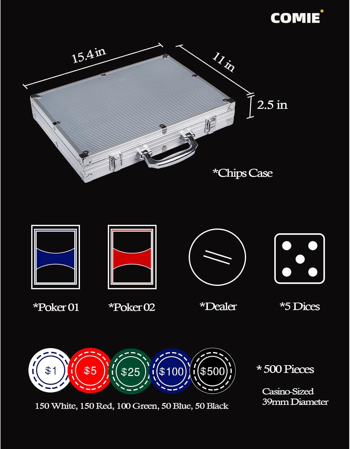 Poker Chips with Numbers,500PCS Poker Chip Set with Aluminum Travel Case,11.5 Gram Poker Set for Texas Holdem Blackjack Gambling.