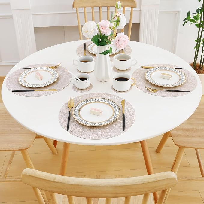 Homaxy Round Faux Leather Placemats and Coasters, Washable Dual-Side Table Mats, Wipeable Heat-Resistant Dining Place Mats for Outdoor and Indoor, Set of 12, Diameter 13 and 3.93 inch, Beige