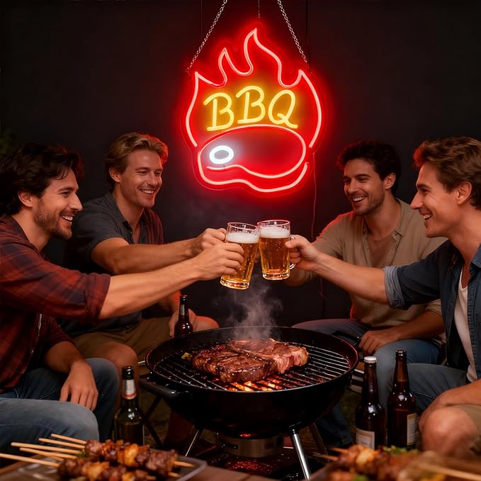 BBQ Neon Signs for Backdrop wall decor，Dimmable USB Powered,Barbecue Neon Light Up Home Party restaurant Grill Beer Bar Decoration Lights, Bright LED bbq sign (14.8"*12.2"in)