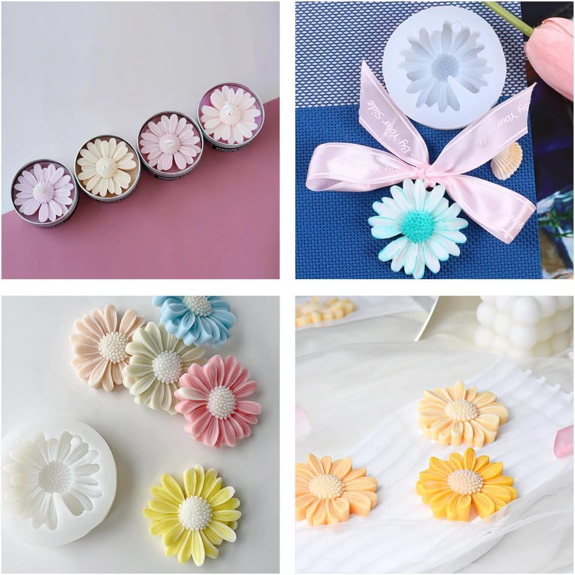 4 Pcs Daisy Flower Silicone Molds for Candles, 3D Flower Fondant Chocolate Cake Cupcake Topper Decoration Mold, Unique Resin Candle Molds DIY Soap Mold